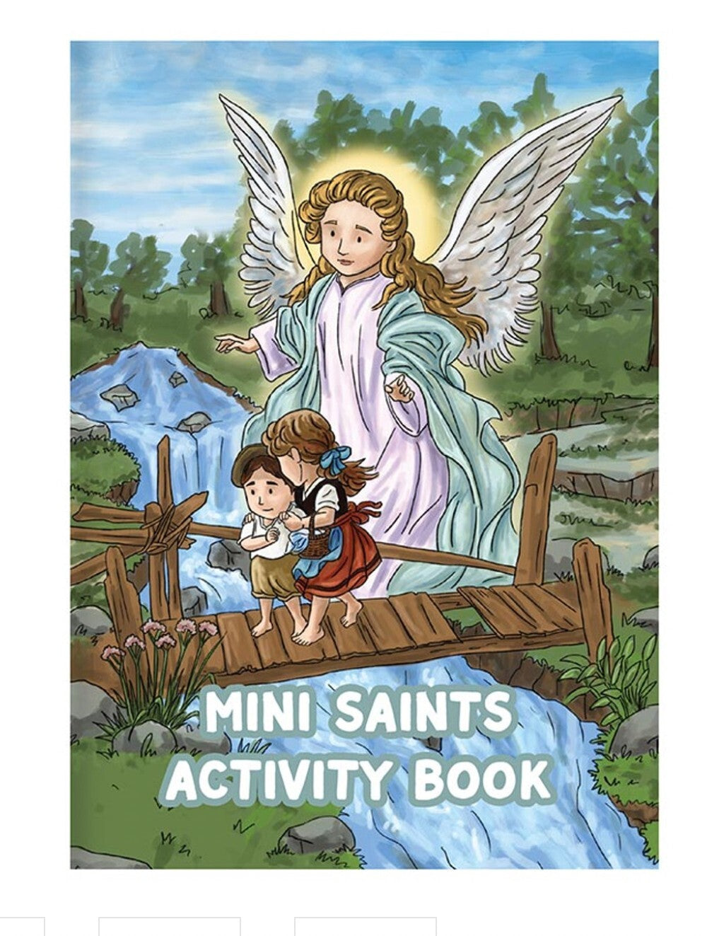 Children's Mini Saints Activity Book by Journeys of Faith, featuring colorful illustrations and Christian-themed activities for kids.