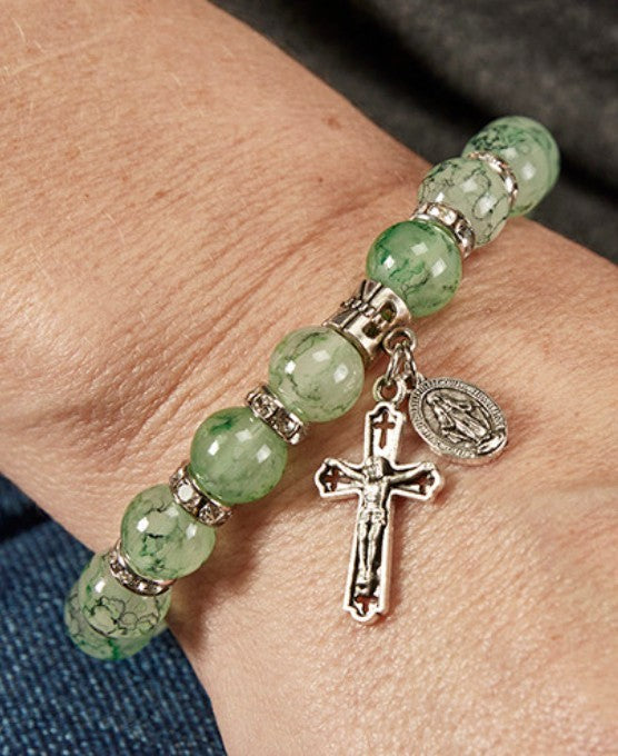 O L of the Miraculous  Medal Green Marbled Glass Bracelet, New #Gftshp-150 - Journeys of Faith
