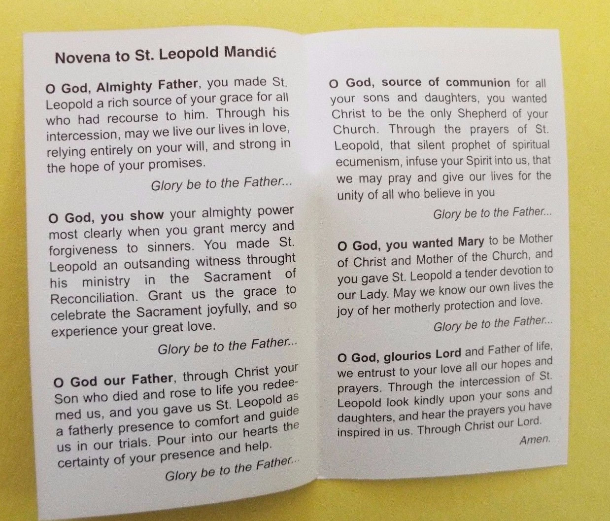 Saint Leopold Mandic novena and short bio folder, Christian holy card set with religious imagery and saint biography from Bob and Penny Lord.