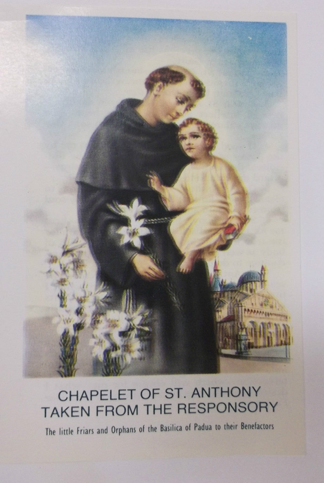 Chaplet of Saint Anthony of Padua prayer card featuring religious artwork, from Italy, by Bob and Penny Lord.
