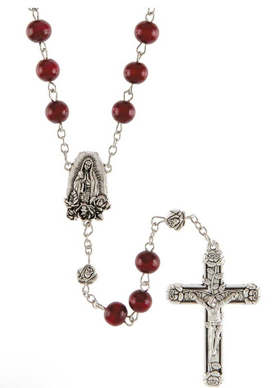 Our Lady of Guadalupe  Red Wood Beads Rosary, New. #AB-051-B