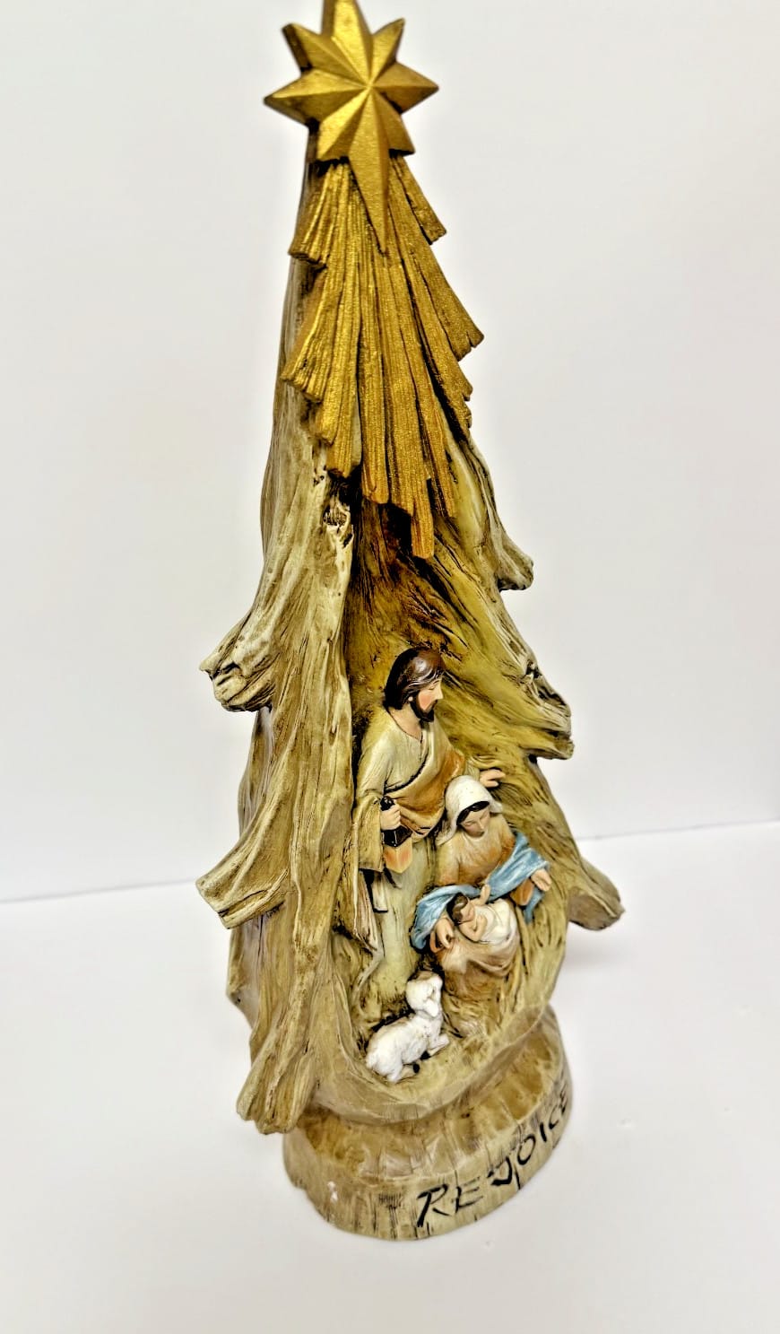 Nativity Tree "Rejoice" collectible, 16.5-inch holiday nativity item with detailed festive design.