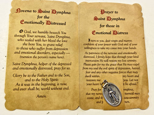 Saint Dymphna prayer card and medal from Bob and Penny Lord, depicting the patron of emotional disorders in Christian religion.