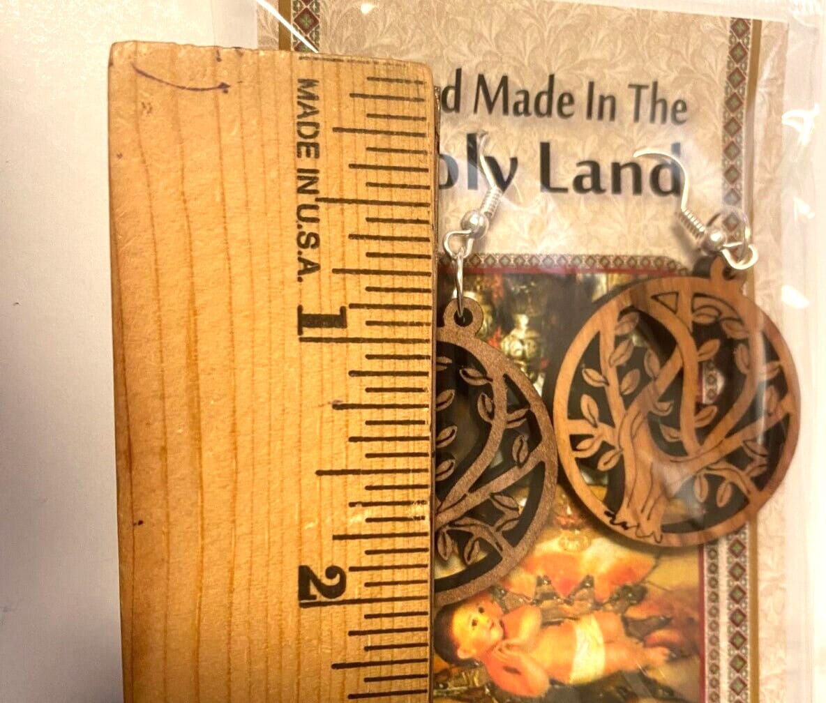 Olive wood tree round 2-inch hanging earrings with natural wood grain, lightweight jewelry piece, unbranded fashion jewelry.