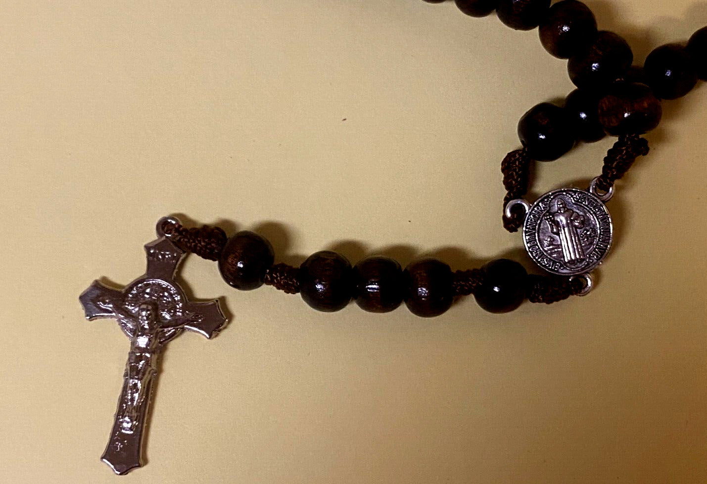 Wood rosary box with Infant of Prague design and rosary, collectible Christian religious item from Colombia by Bob and Penny Lord.