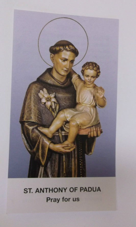 Saint Anthony of Padua prayer card from Italy, featuring religious artwork, collectible Christian spirituality print by Bob and Penny Lord