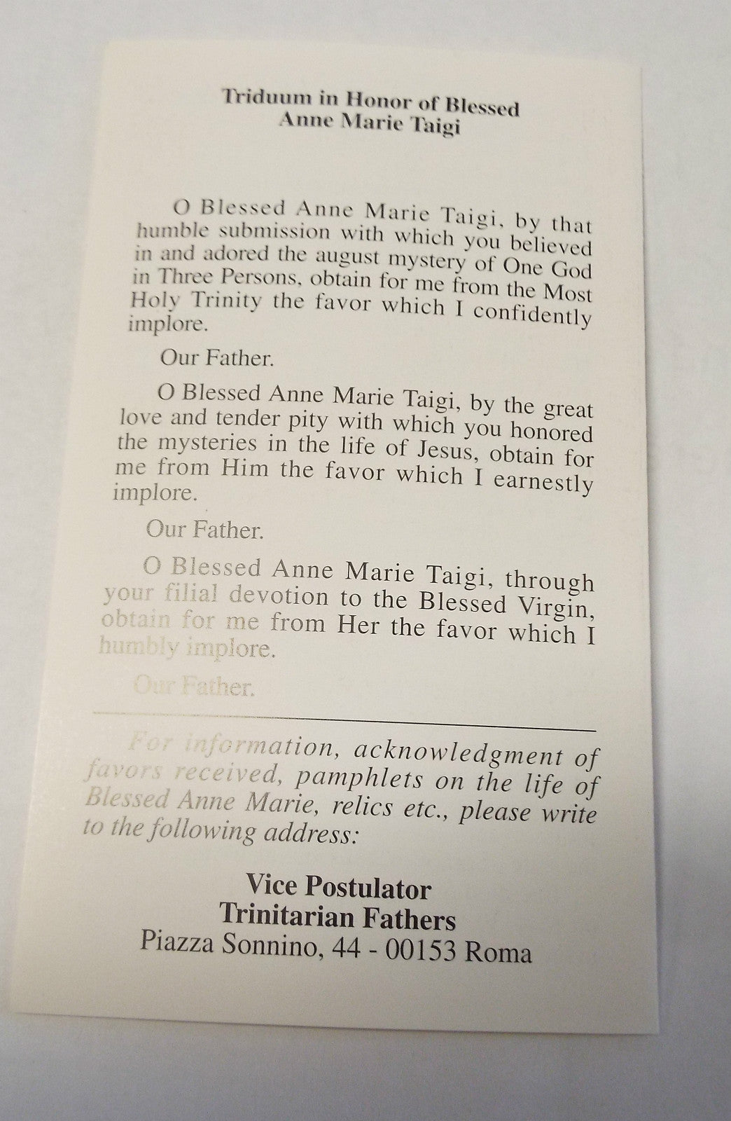 Blessed Anne Marie Taigi Holy Card from Bob and Penny Lord, featuring prayer and biography folder, religious collectible.
