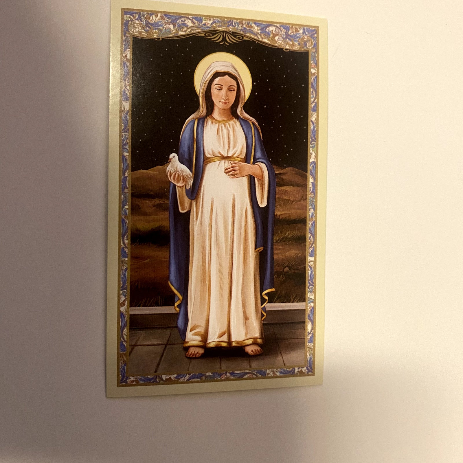 Prayer card titled "Prayer to Mary, Mother of God" by Bob and Penny Lord, featuring religious imagery and Christian holy card design.