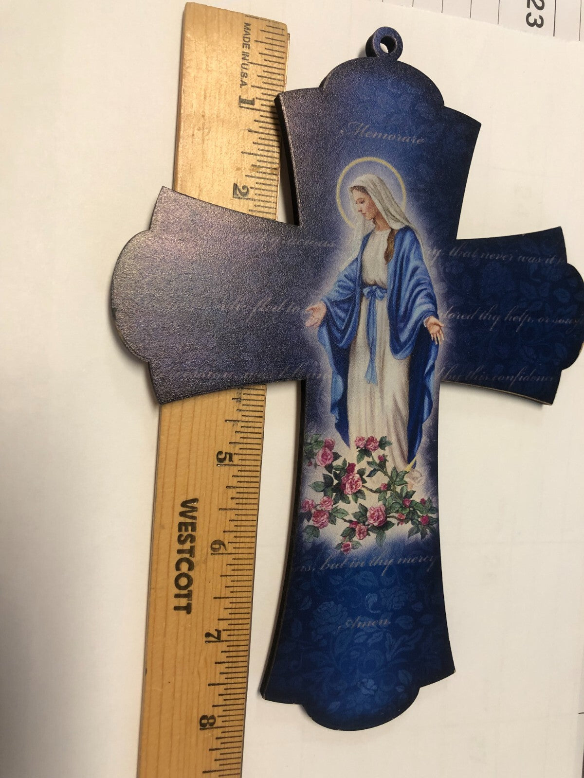 Laser-cut 8-inch Our Lady of Grace wood cross set by Bob and Penny Lord, featuring detailed Christian religious imagery.