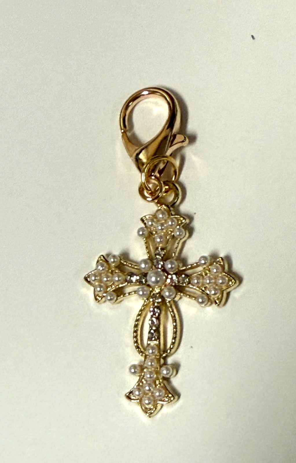 Imitation Pearl + Crystal Cross Devotional Clip, New #Gftshp-136 - Journeys of Faith