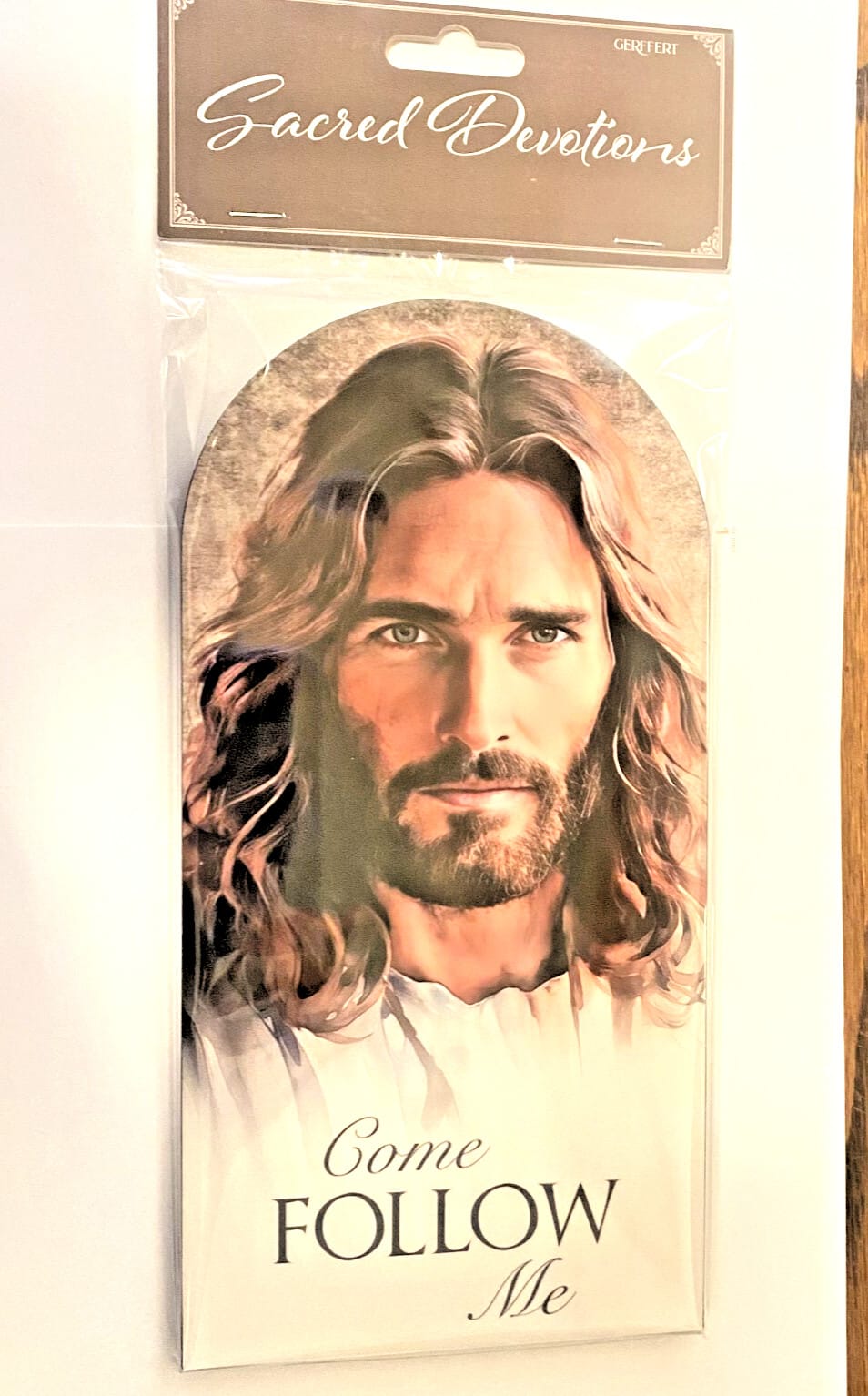 Wood plaque featuring Jesus with "Come Follow Me" inscription, 10-inch Christian religious collectible by Bob and Penny Lord.