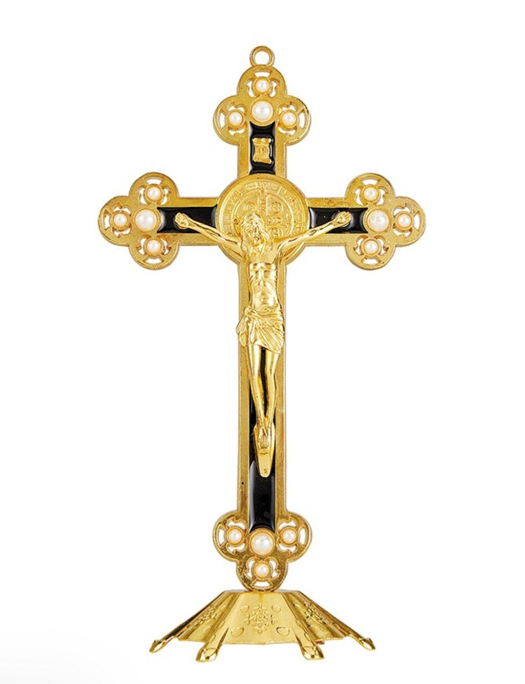 Saint Benedict Black & Gold with Pearls 8.75" Standing Crucifix, New #AB-241 - Journeys of Faith