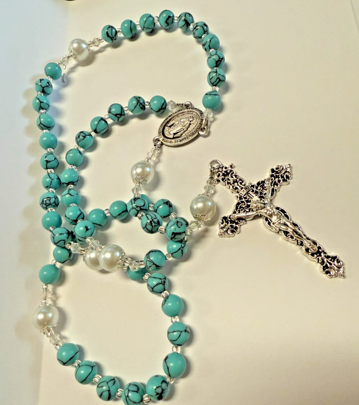 Our Lady of Grace, Aqua Blue Marble Rosary, New  #Gftshp-115 - Journeys of Faith