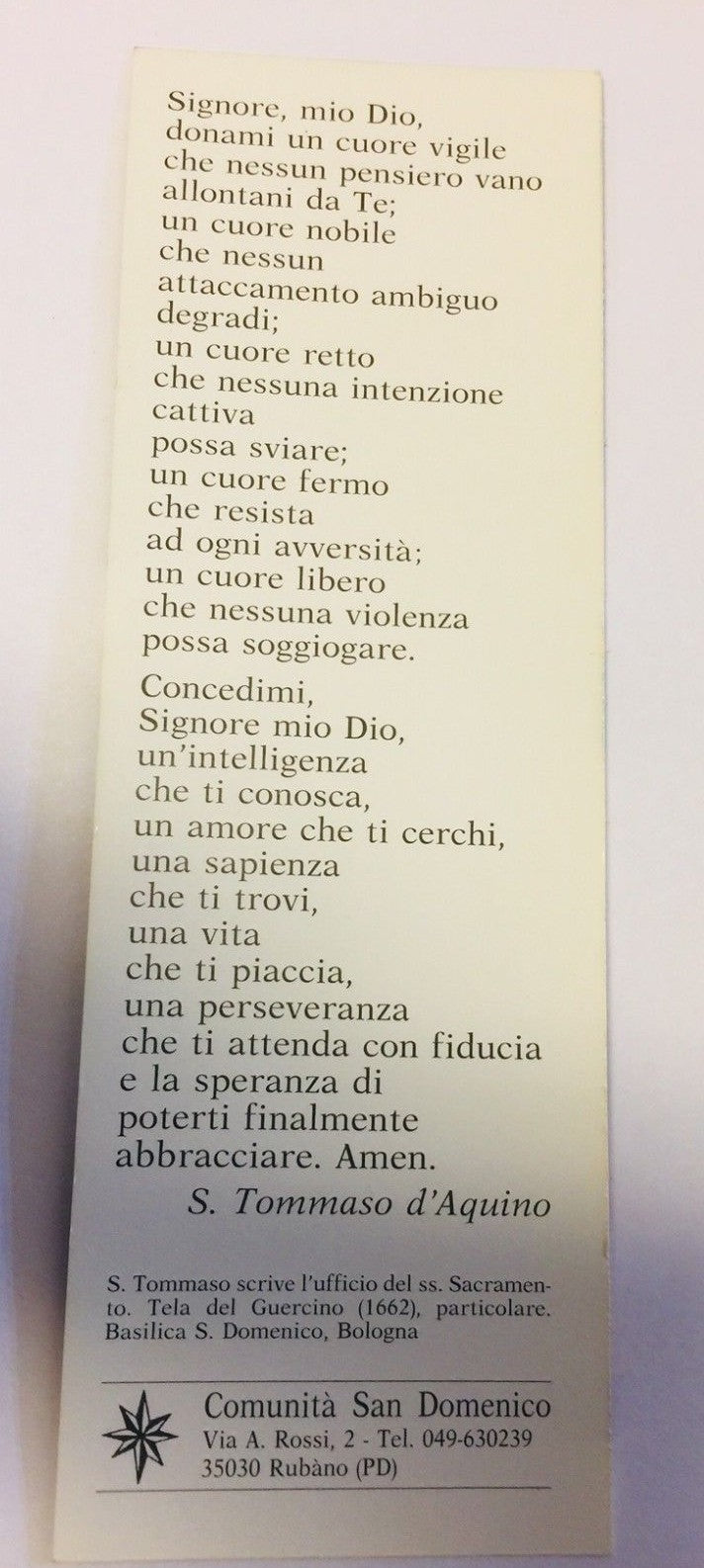 Saint Thomas Aquinas prayer bookmark from Bob and Penny Lord featuring Italian prayer and holy card design.
