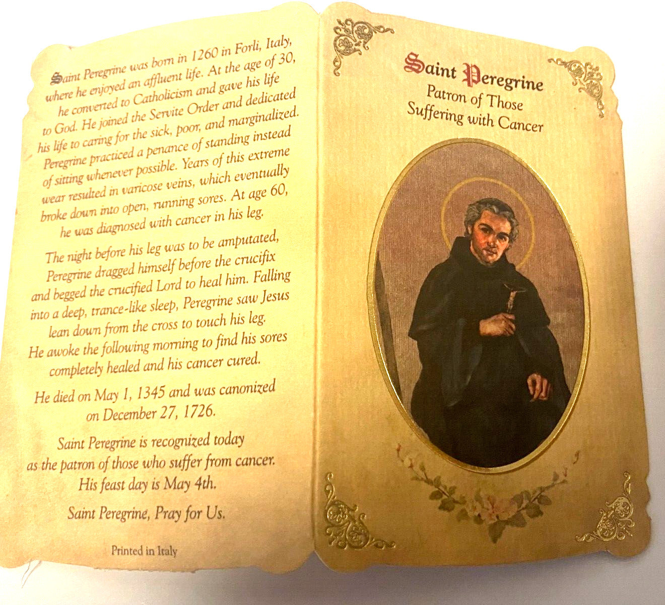 Saint Peregrine Laziosi  (The Cancer Saint)  Prayer Card + Medal, New #PCM-024