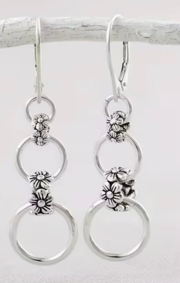 .925 Sterling Silver Retro Flower Hanging Earrings, New #Gftshp-209
