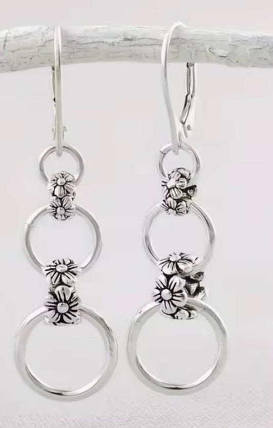 .925 Sterling Silver Retro Flower Hanging Earrings, New #Gftshp-209