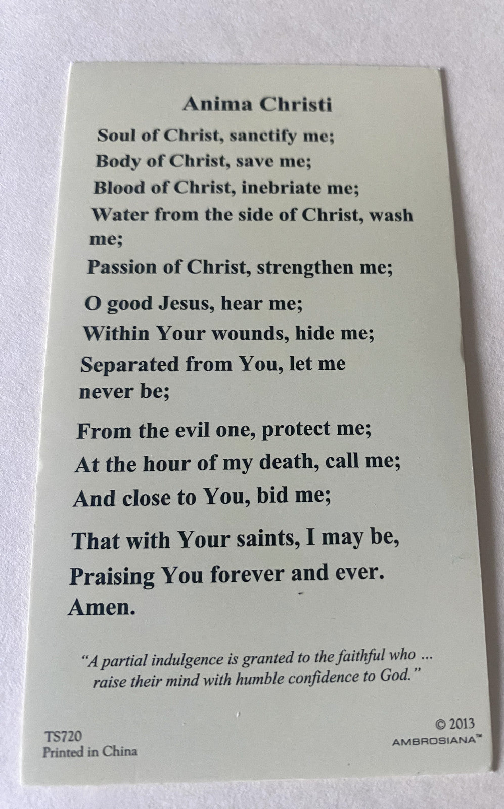 Anima Christi prayer card by Bob and Penny Lord featuring religious Christian imagery and spiritual text on the front.