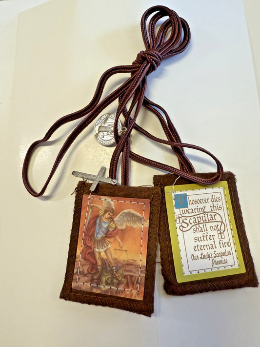St Michael the Archangel Scapular With Crucifix & St Benedict charms,New #MD-074