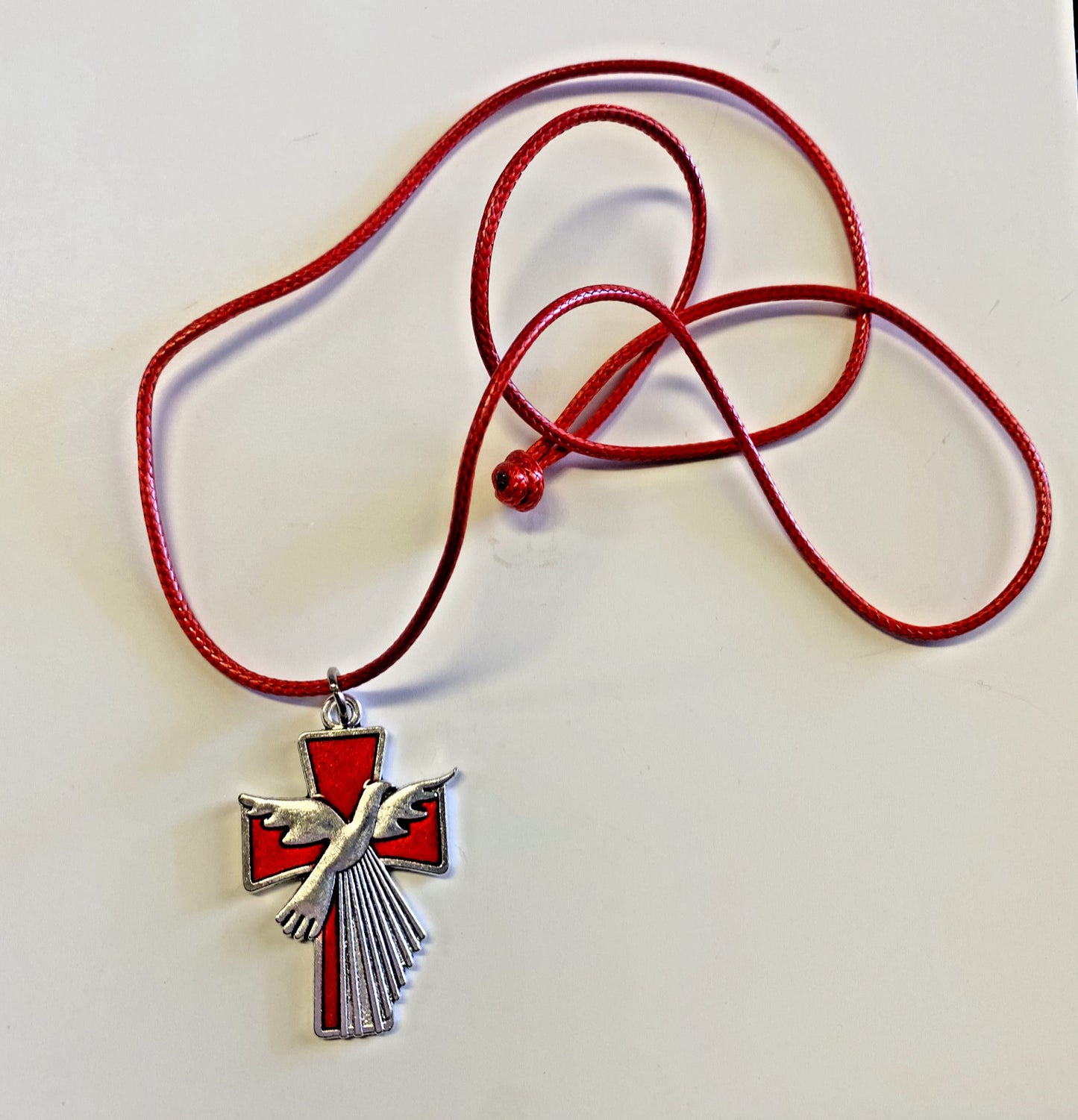 Confirmation  Cross with Dove, Red 24" Cord Necklace, New #AB-297-R2