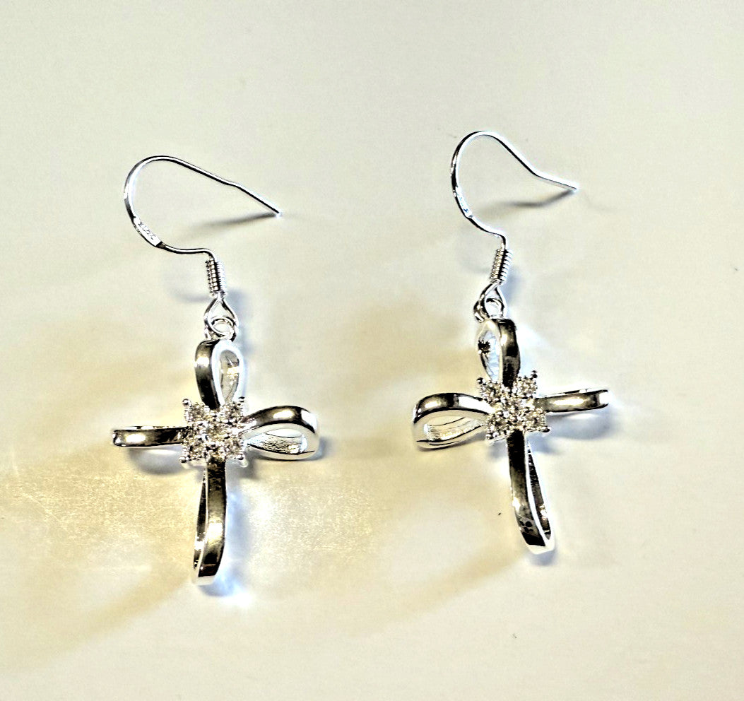 .925 Sterling Silver 1.50" Cross Earrings, New #AB-380-R2