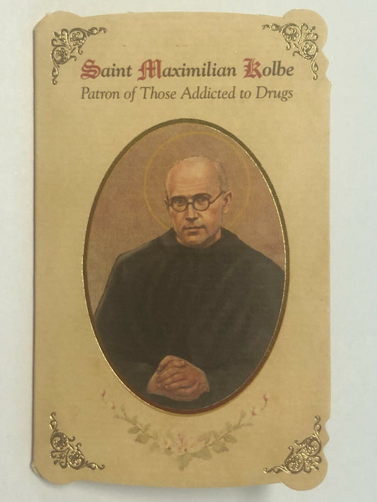 Saint Maximilian Kolbe prayer card and medal from Bob and Penny Lord Journeys of Faith, featuring religious imagery and text.