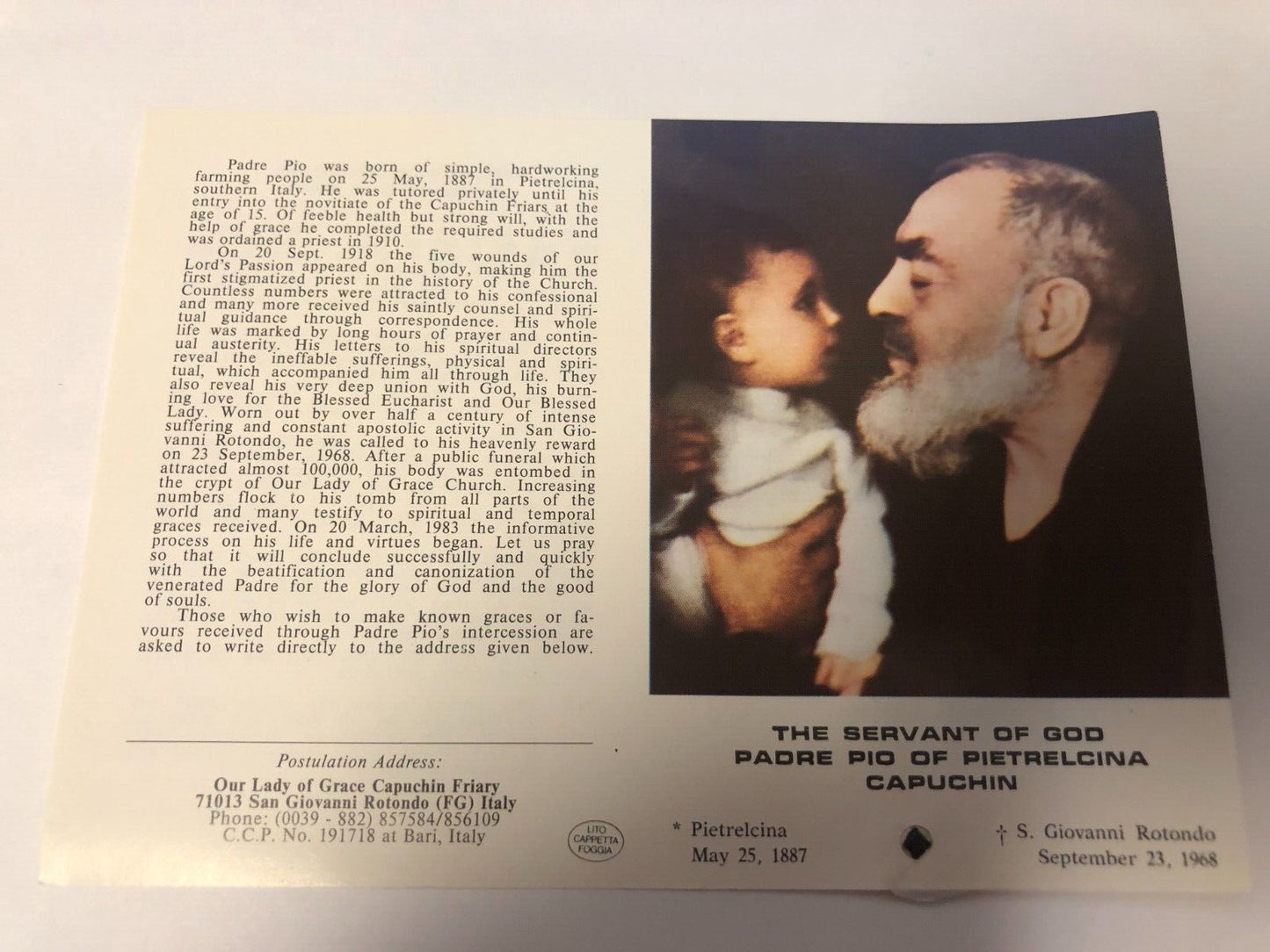 Padre Pio Prayer & Efficacious Novena Folder + 3rd Class Relic, New From Italy