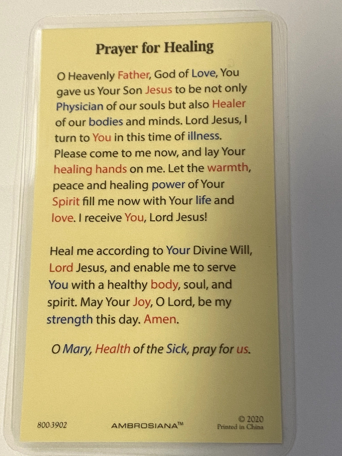 "Prayer for Healing" Laminated Card with image of Jesus, New #PCL-08