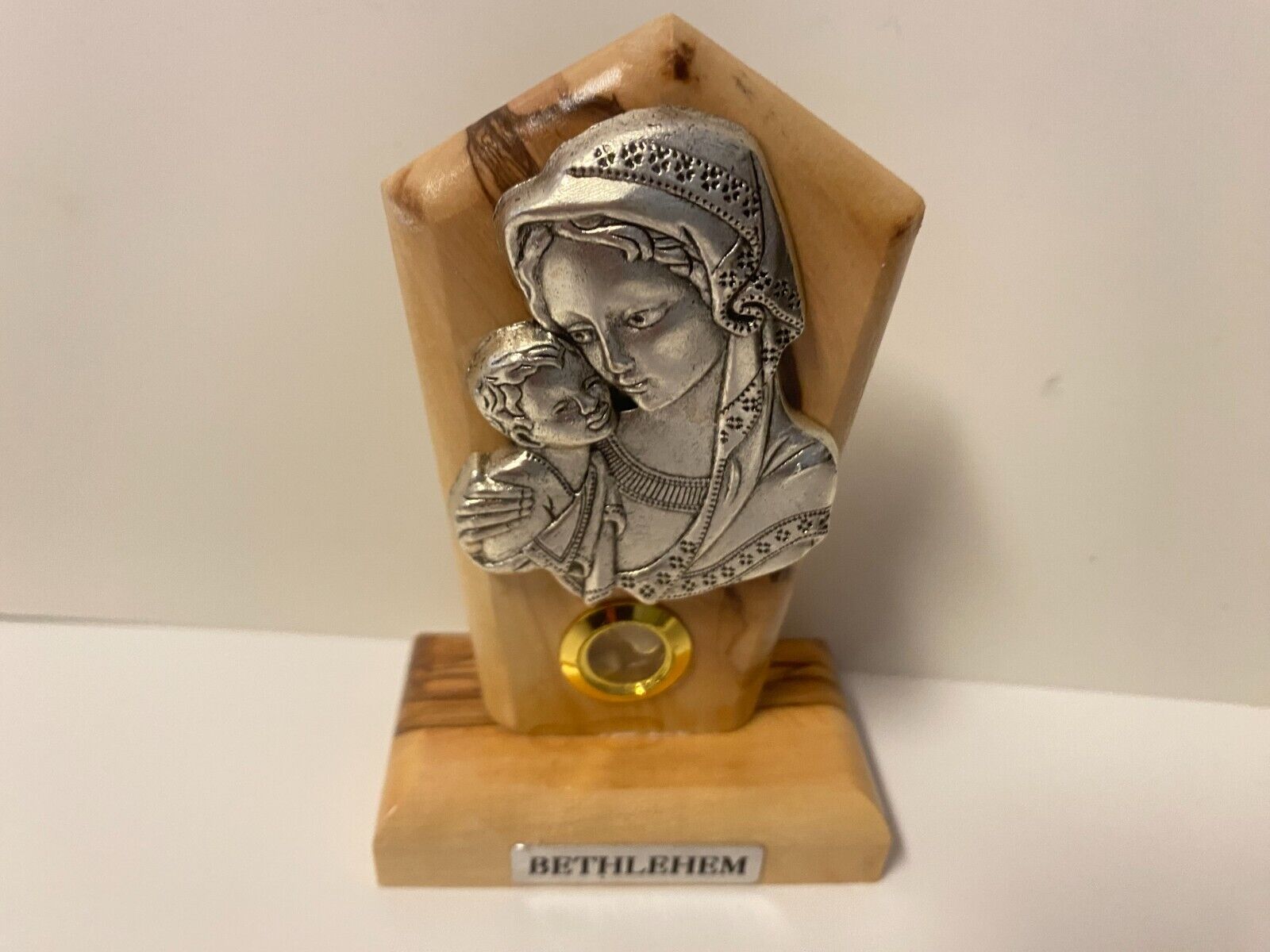 Blessed Mother with Child Pewter Image set on Wood, Small, New from Bethlehem - Bob and Penny Lord