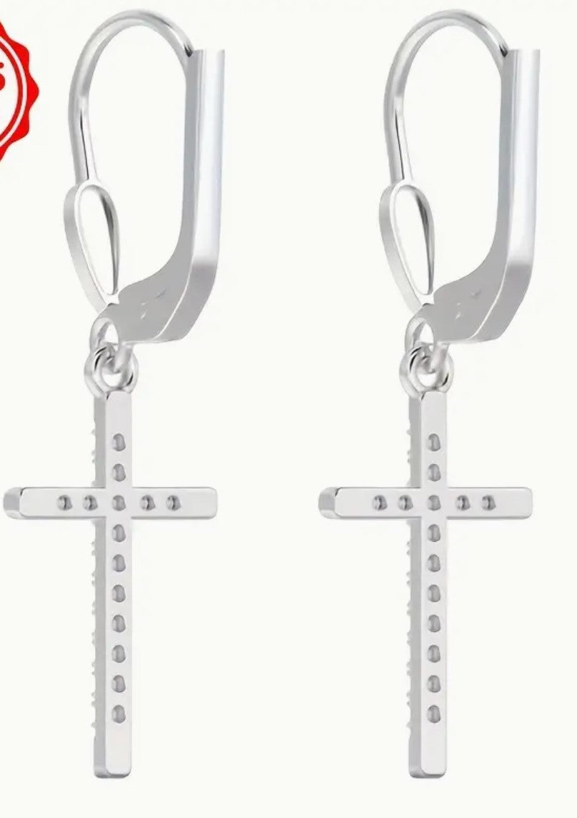 Cross Drop 1.29" Sterling Silver  Earrings with inlaid Zirconia. New #AB-383-R2