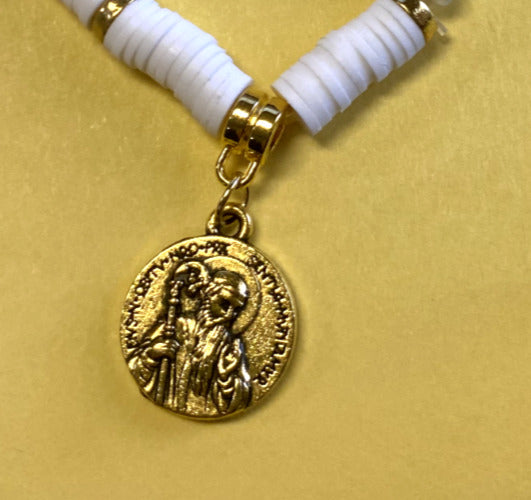 Saint Benedict Medal Puka Shell  7" Bracelet,  New - Bob and Penny Lord