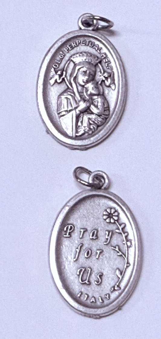 Silver tone Our Lady of Perpetual Help medal by Bob and Penny Lord, Christian religious collectible, detailed depiction of the Virgin Mary.