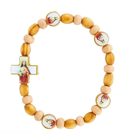 Sacred Heart of Jesus Wood Bead Bracelet, New #MD-079