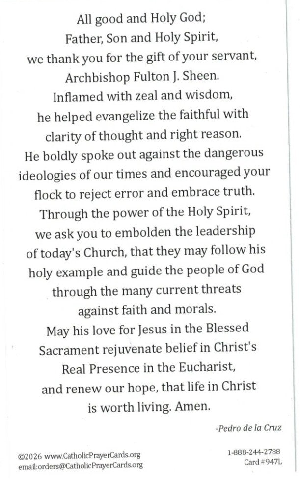 Blessed Fulton J Sheen Prayer Card, New #PC-45