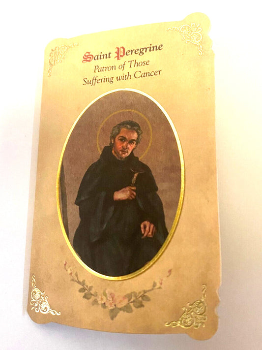 Saint Peregrine Laziosi prayer card and medal set featuring Christian religious imagery, ideal for spiritual devotion and collectibles.