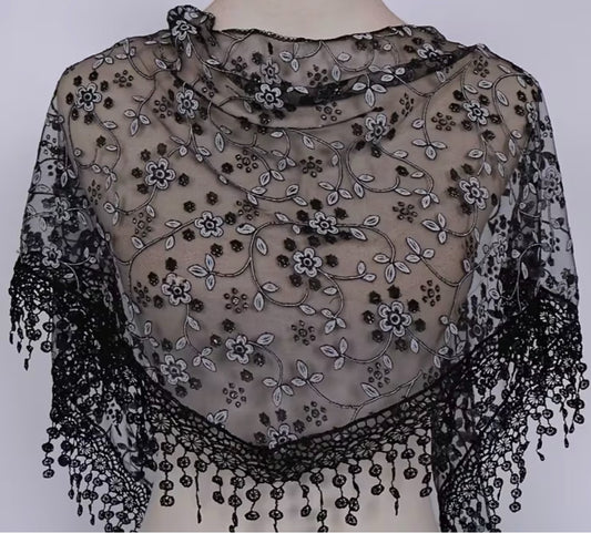 Women's  Black Lace with white accents, Church Veil, New #AB-454-R2
