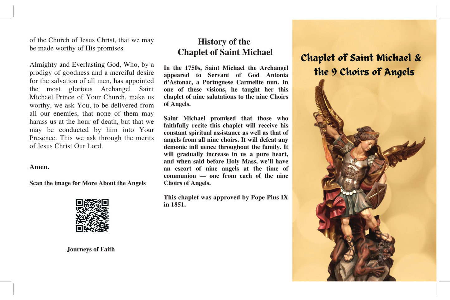 3 Pack Chaplet of Saint Michael & the Nine Choirs of Angels Trifold Prayer Cards - Journeys of Faith