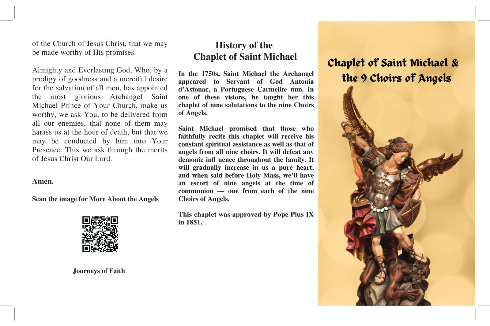3 Pack Chaplet of Saint Michael & the Nine Choirs of Angels Trifold Prayer Cards - Journeys of Faith