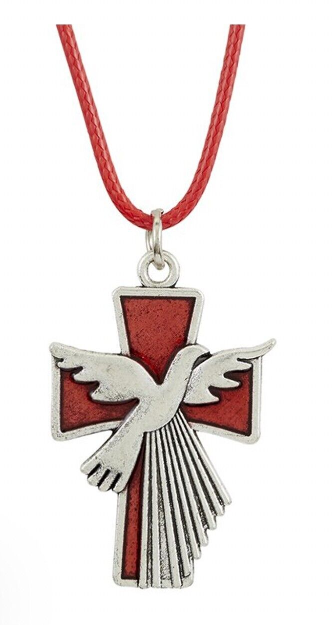 Confirmation  Cross with Dove, Red 24" Cord Necklace, New #AB-297-R2