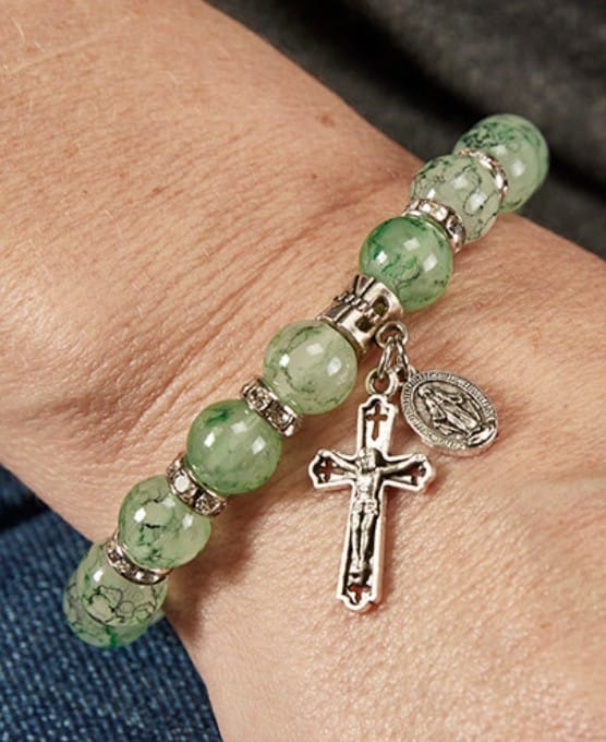 O L of the Miraculous  Medal Green Marbled Glass Bracelet, New #Gftshp-150 Journeys of Faith Collectibles:Religion & Spirituality:Christianity:Jewelry
