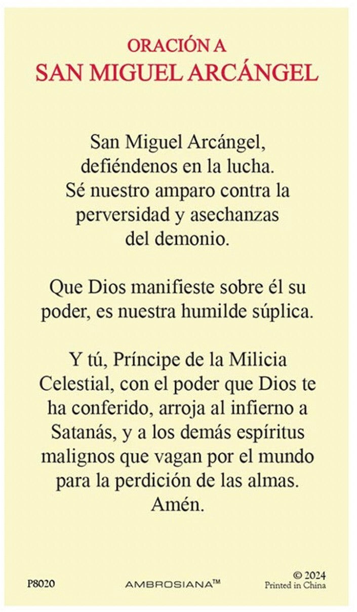 Laminated San Miguel Arcángel Holy Card in Spanish, religious collectible from Bob and Penny Lord Journeys of Faith.