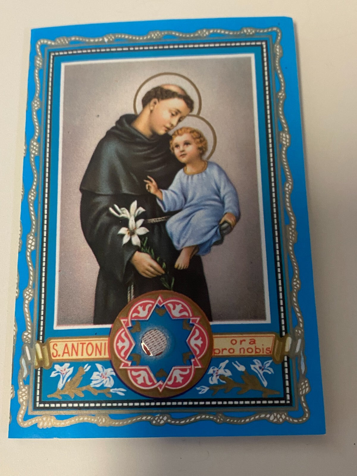 Saint Anthony 3rd Class Relic and prayer card folder from Italy, Christian holy card collectible by Bob and Penny Lord.