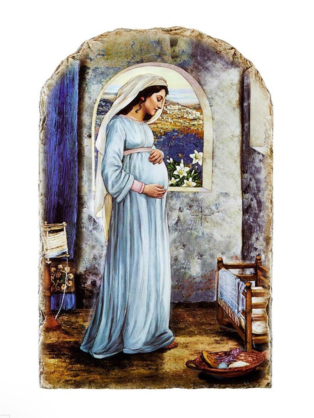 8.5-inch arched tile plaque of Blessed Mary, Mother of God, by Bob and Penny Lord Journeys of Faith, featuring religious artwork.