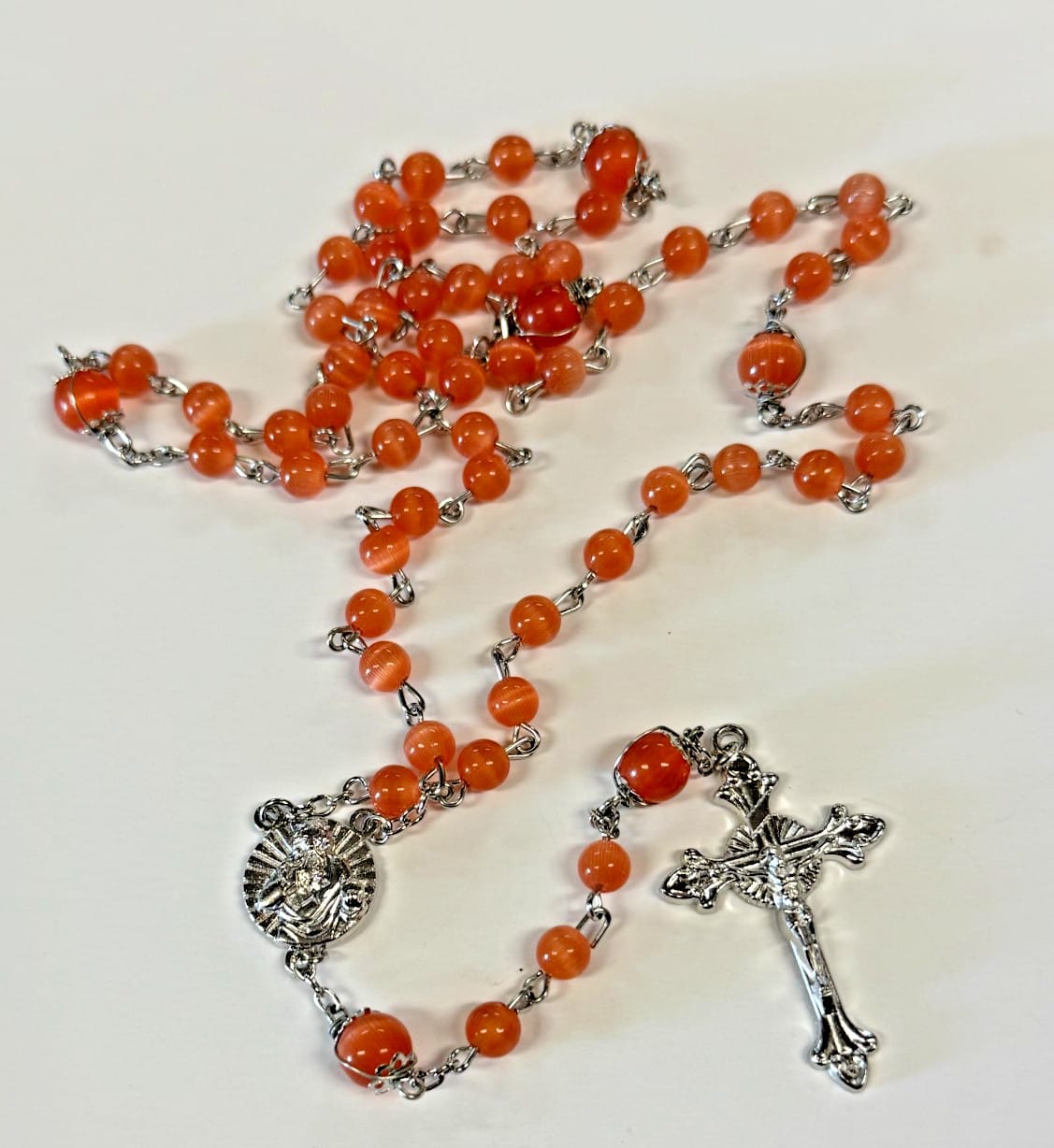Orange Wire Wrapped Rosary with Sacred Heart Center Medal, New Gftshp-58 Journeys of Faith Collectibles:Religion & Spirituality:Christianity:Rosaries