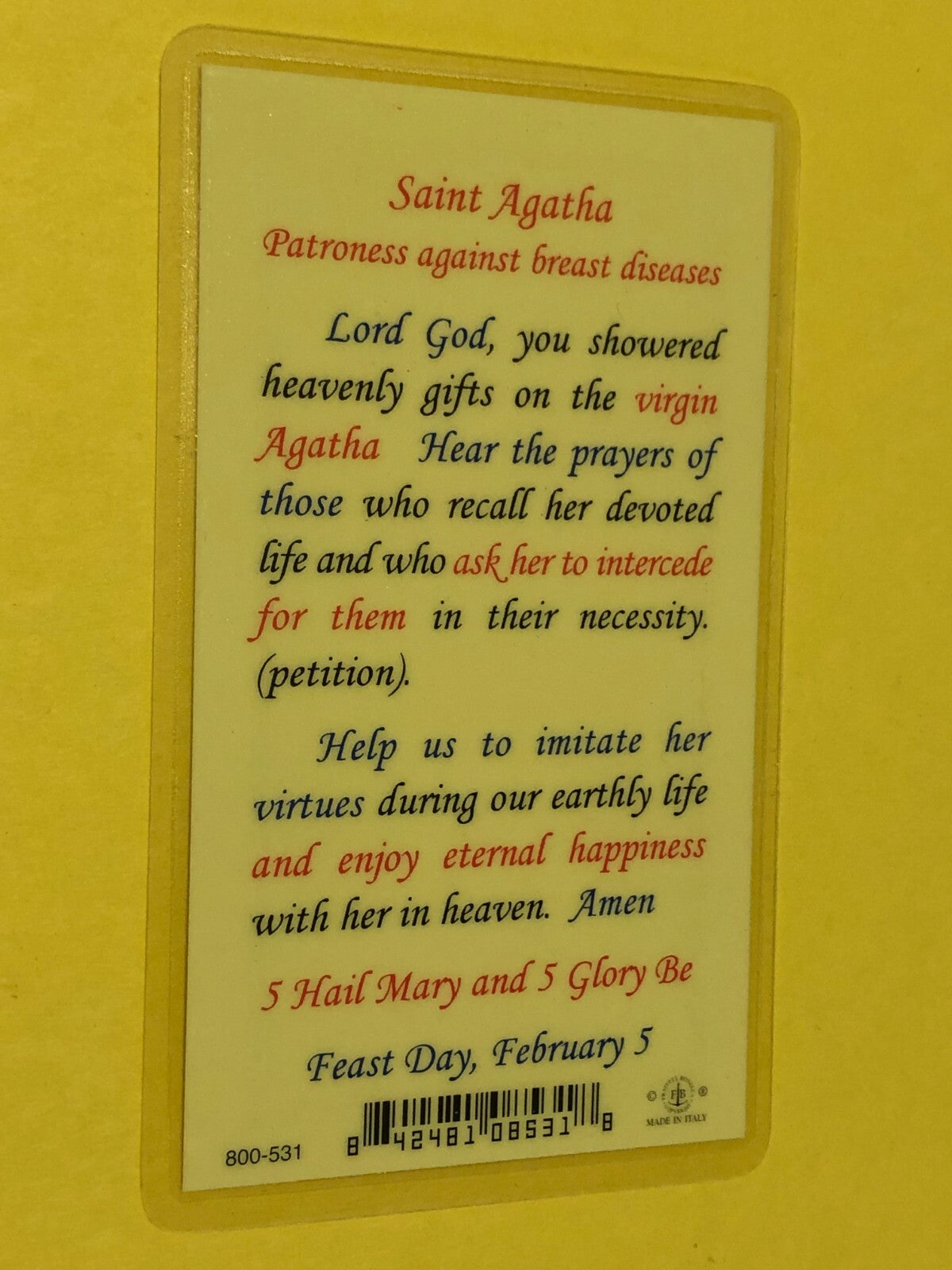 Saint Agatha (Patron St of Breast Disease )Laminated Prayer Card, New  #PCL-47
