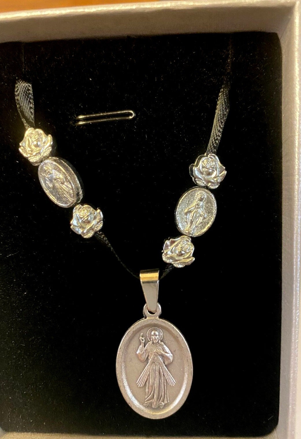 Colorful art print of St. Michael, Divine Mercy, Miraculous Medal, Our Lady Guadalupe ribbon necklace by Journeys of Faith.