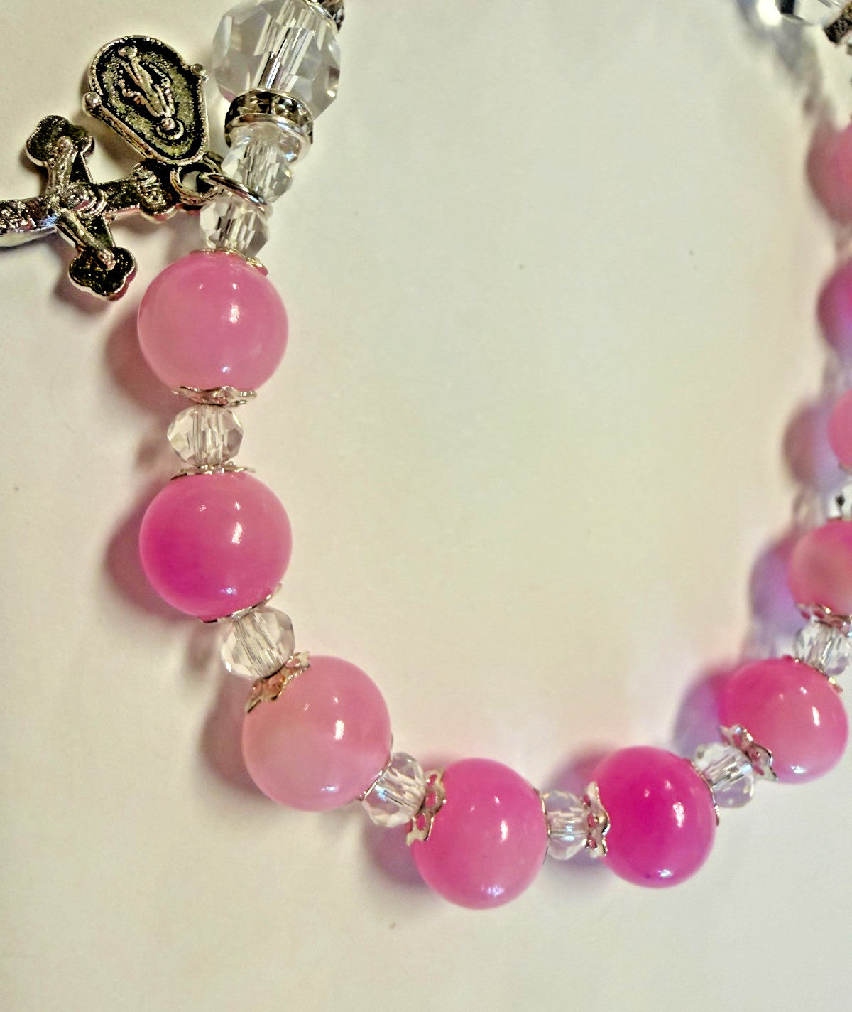 Our Lady of Grace Pink Jade Rosary Bracelet, New #Gftshp-152