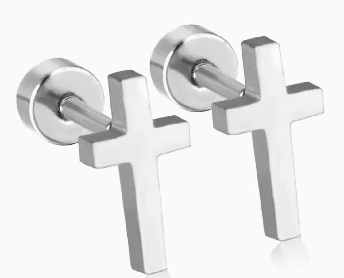 Pair of 10mm cross stud earrings with silver finish, stylish unbranded fashion jewelry for pierced ears.