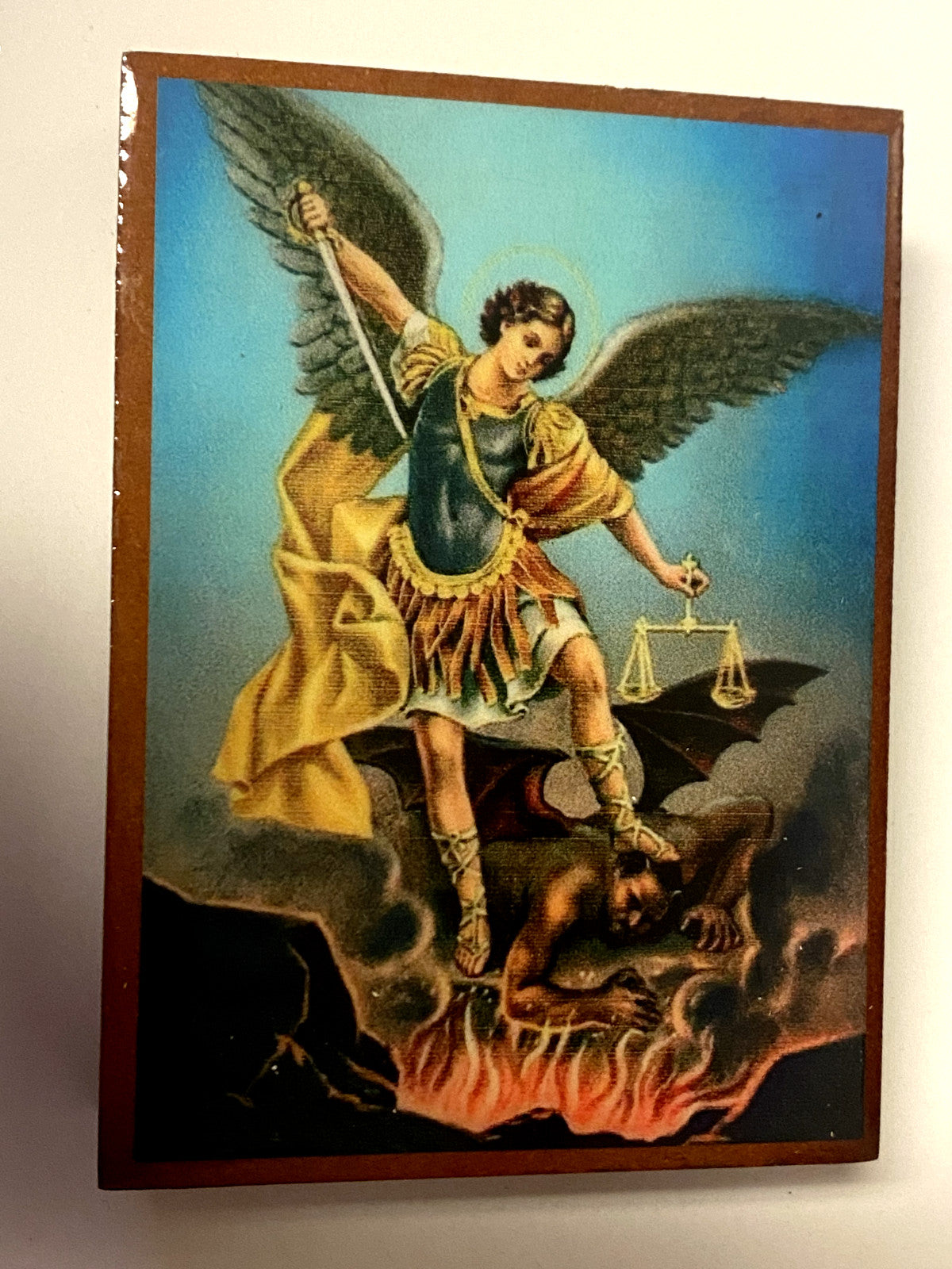 Wood rosary box with St. Michael the Archangel design and matching rosary, handcrafted from Colombia by Bob and Penny Lord.