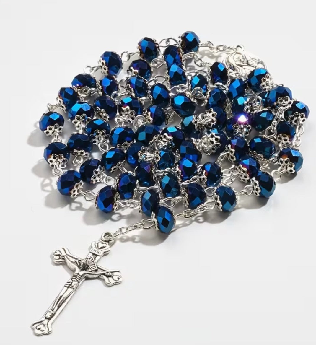 Deep Blue Crystal Rosary with Relic Holy Soil from Jerusalem, New  #Gftshp-118 - Journeys of Faith